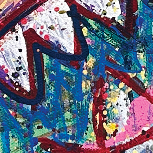 Painting of jagged white teeth outlined with strokes of red and blue. Behind the teeth is a green background scribbled over in blue; the entire painting is splattered with multi-colored dots.
