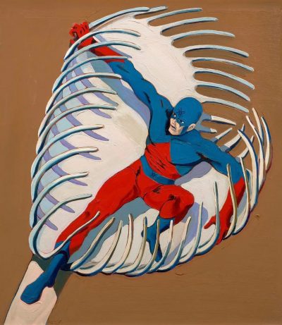 Painting by Mel Ramos of superhero The Atom attempting to escape from a venus flytrap enclosing around him. The background is a flat brown color.
