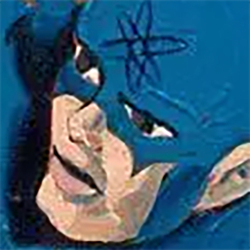 Closeup on the face of superhero The Atom from the painting of the same name by Mel Ramos.