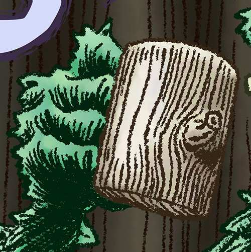 Digital painting of a hand covered in leaves or green fur holding up a mug made of wood.