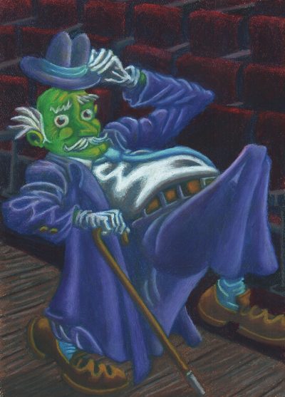 Oil-pastel drawing of a mustachioed gentleman in a purple suit taking a large step across a dark-wood stage, one leg elevated and bent as if to execute a kick. The man supports himself with a cane held in his right hand while doffing a purple hat with his left. The hat has a light-blue band that matches his tie and socks; he also wears a brown belt that matches the color of his shoes, while the white of his hair, which grows from tufts above his ears but not the top of his head, matches his shirt and gloves. The man has green skin and bright brown eyes. Below the stage in the background are rows of dark-red theater chairs, all empty.