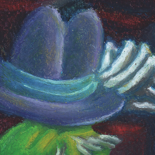 Oil-pastel drawing of a white-gloved hand doffing a purple hat from a bald, green head. Dark-red theater chairs can be seen in the background.
